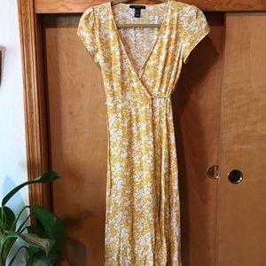 Yellow floral wrap midi dress